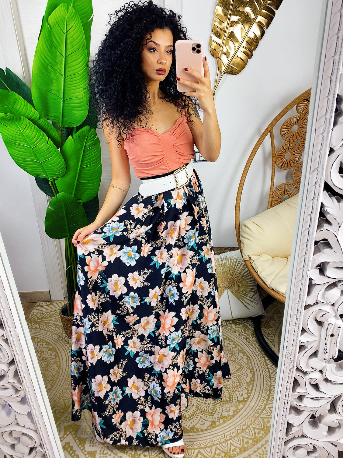 Maxi gonna in raso con fiori multicolore