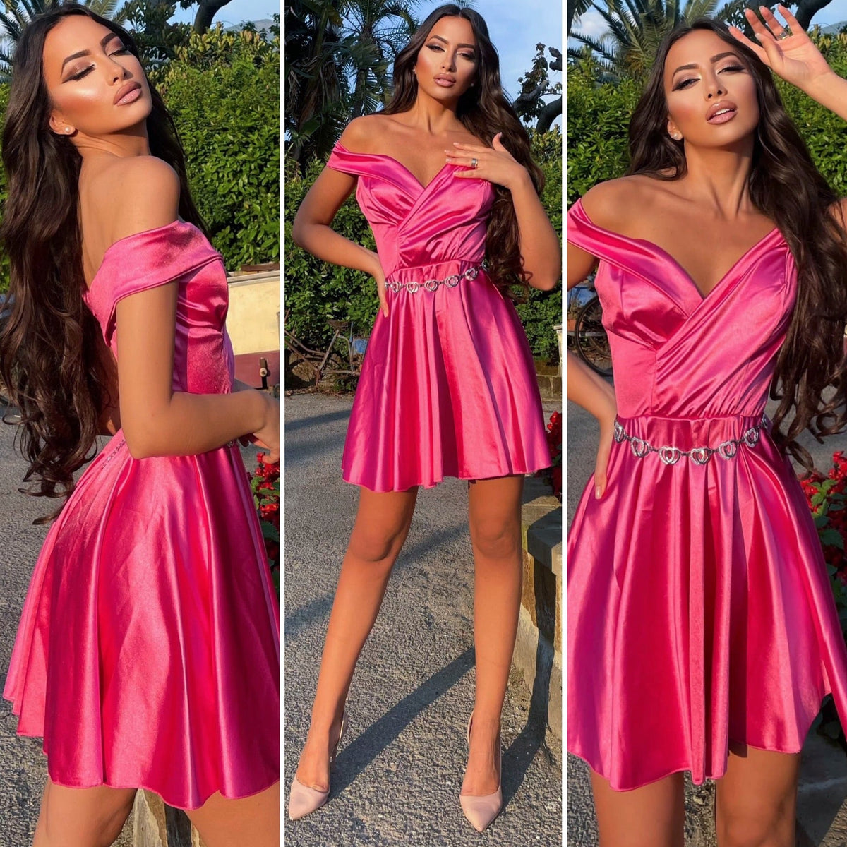 Abito corto in raso rosa fluo