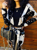 Cardigan camel nero con frange e cinta