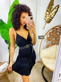 Abito corto nero glitter con gonna asimmetrica
