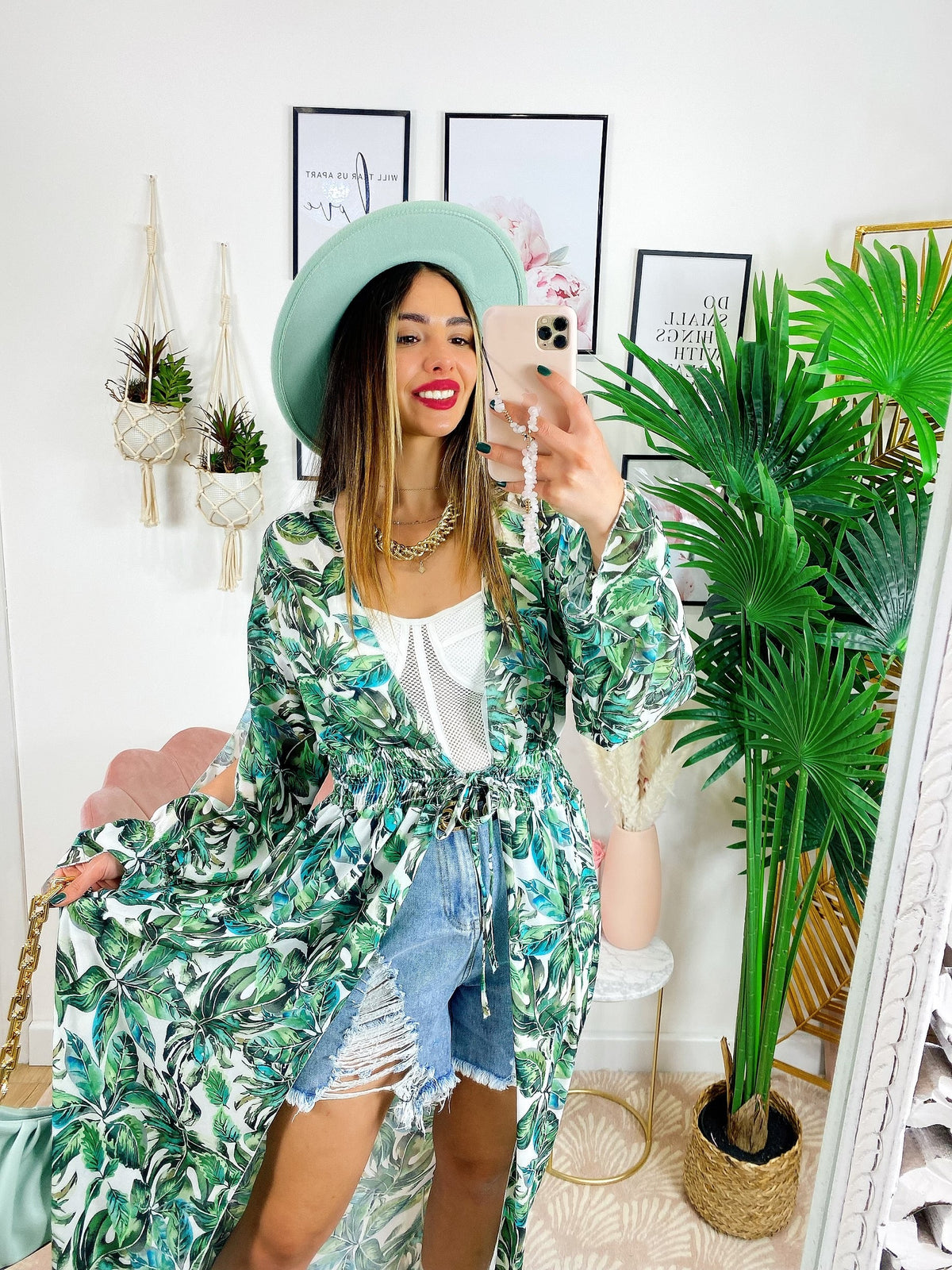 Kimono base floreale verde