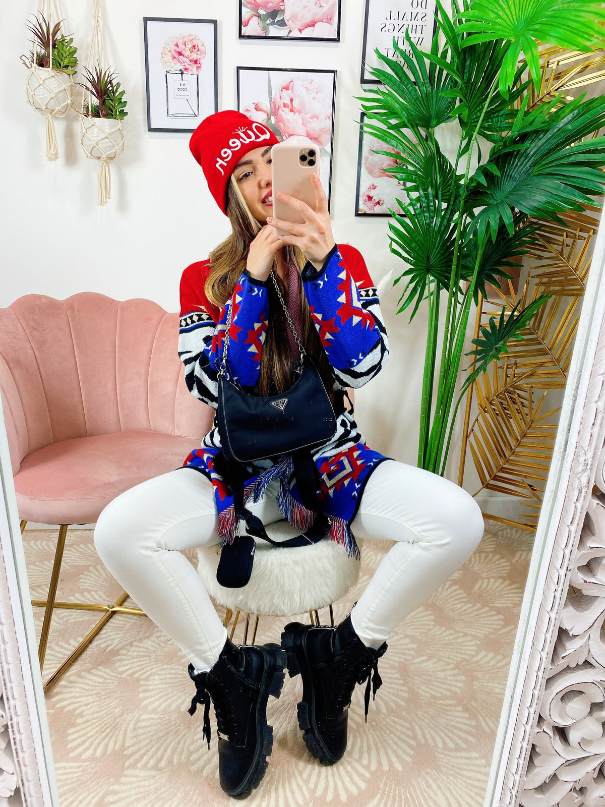 Cardigan con frange e cinta Rosso blu