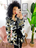 Cardigan Nero e Beige con frange e cinta
