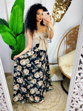 Maxi gonna in raso con fiori beige
