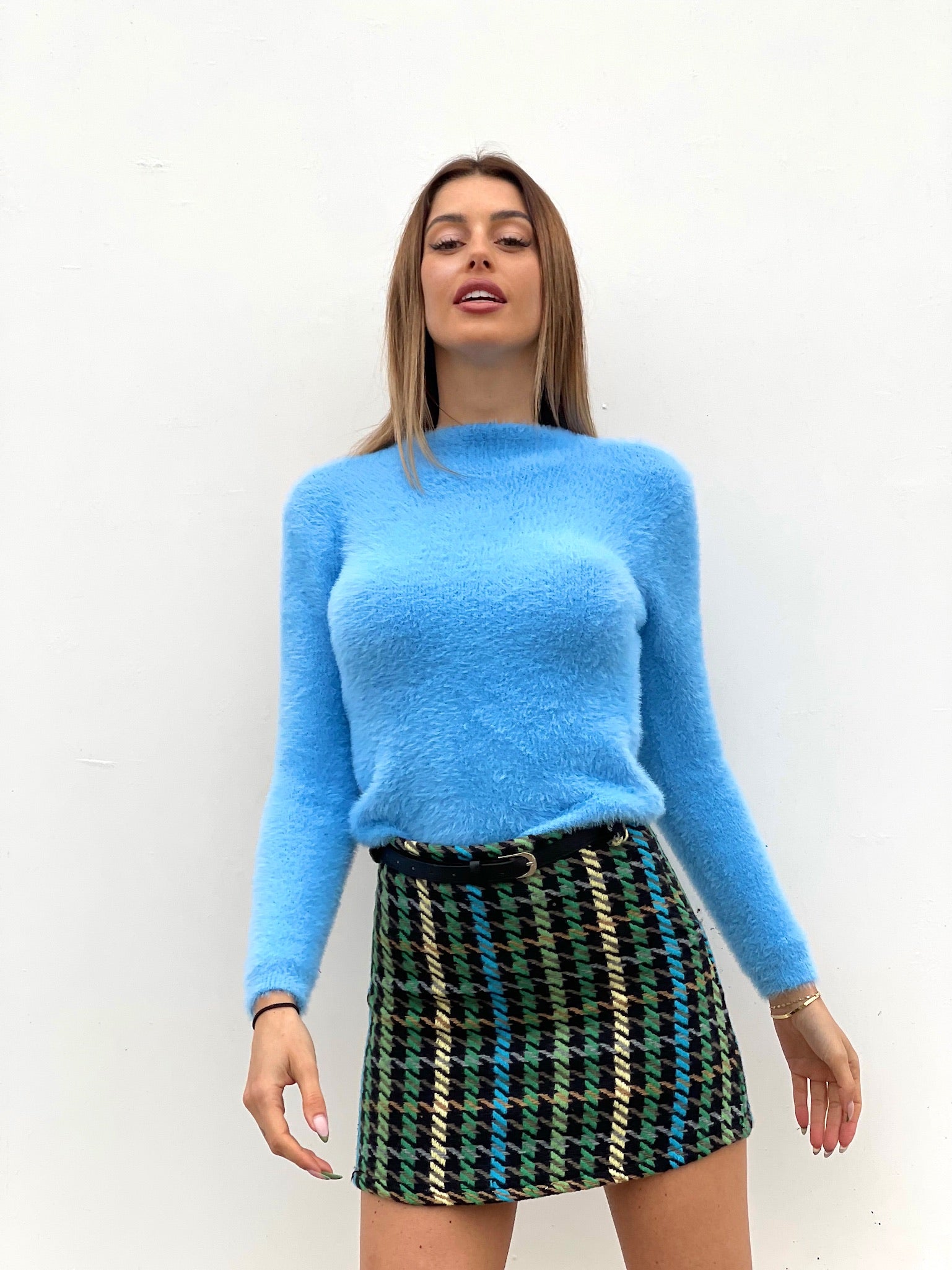Gonna in tweed pied de poule celeste