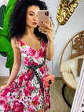 Abito con gonna asimmetrica e fiorellini Fuxia base bianco