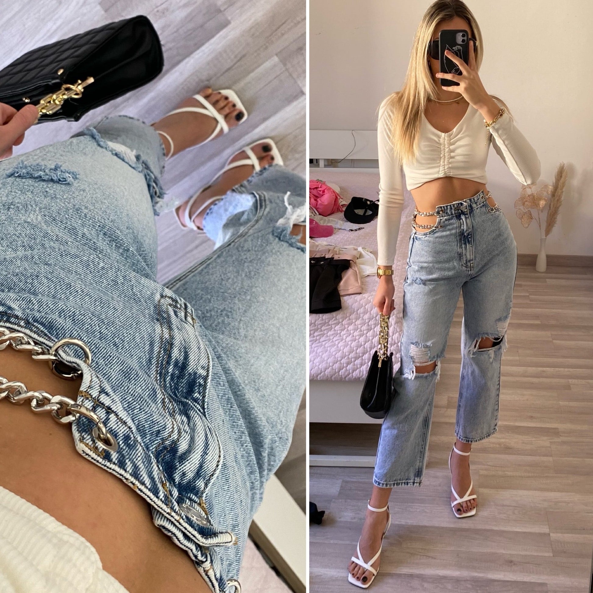 Jeans con catena argento
