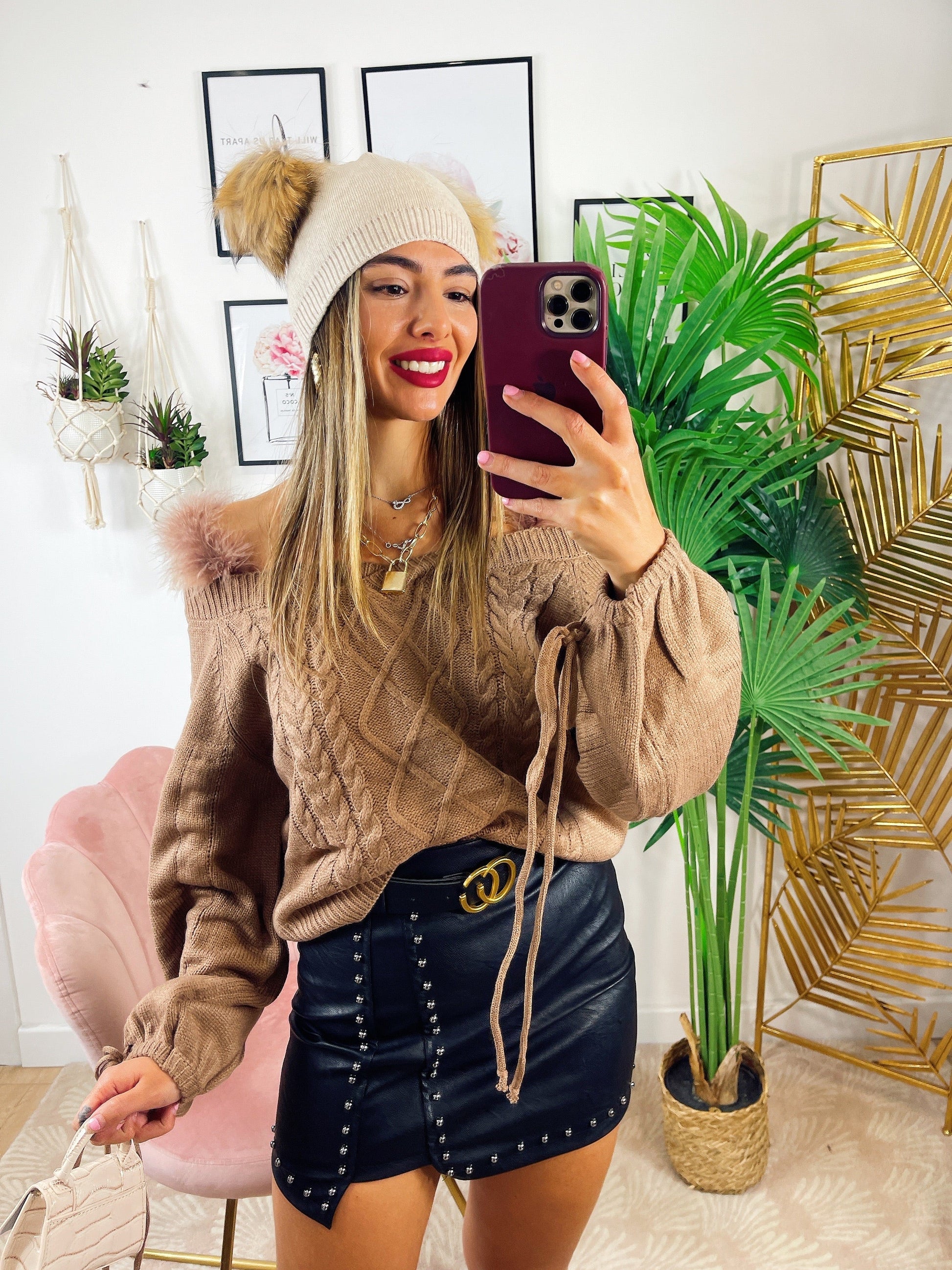 Maglione con spalline pelose camel