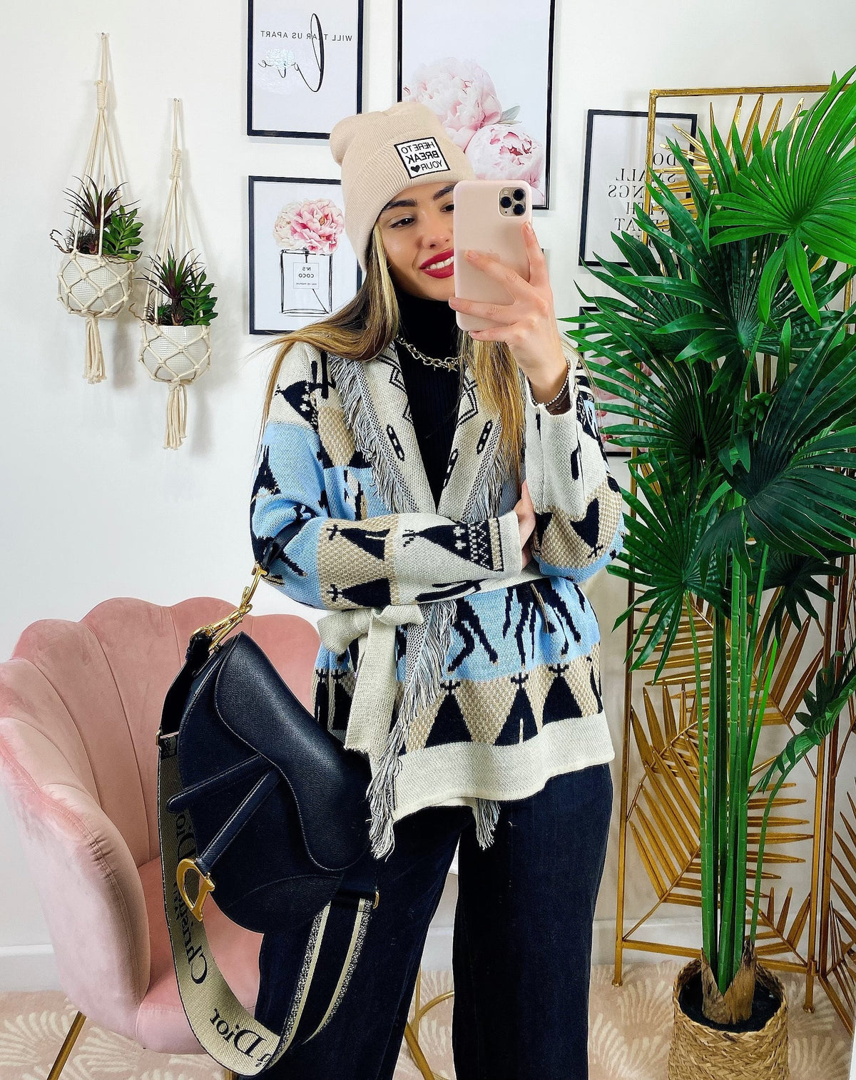 Cardigan frange e cinta con cavallo celeste corto