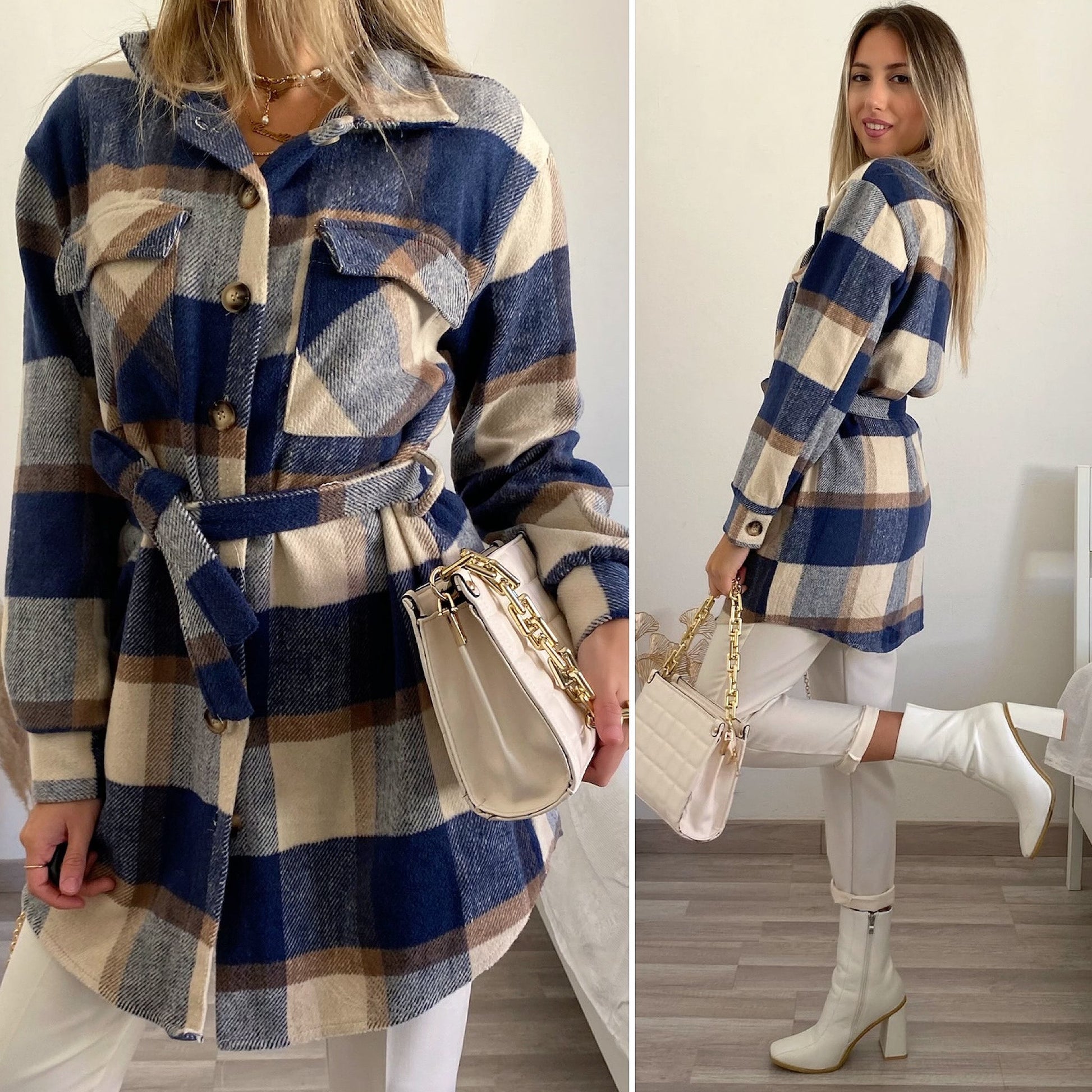 Giacca check nude e blu