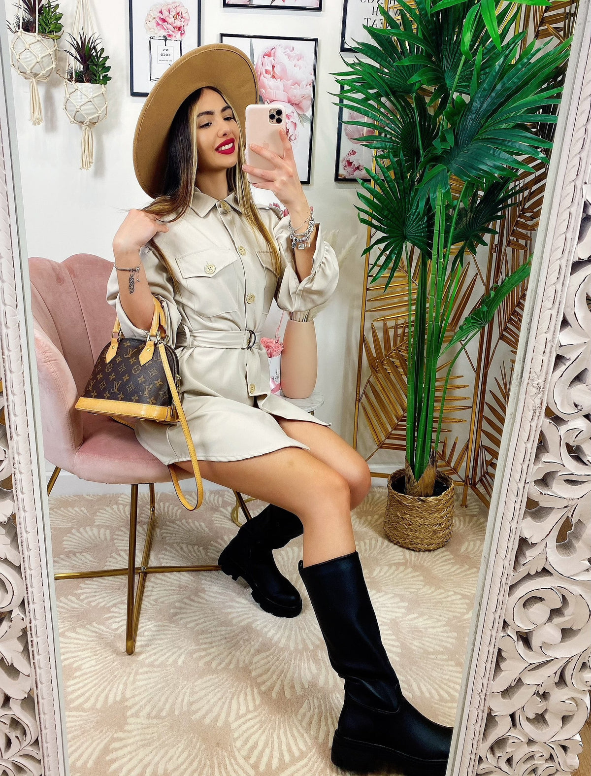 Abito a camicia con cintura beige