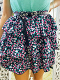 Gonna a balze con fiori verdeacqua e Fuxia