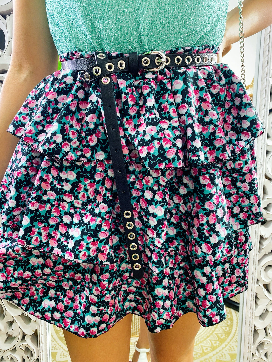Gonna a balze con fiori verdeacqua e Fuxia