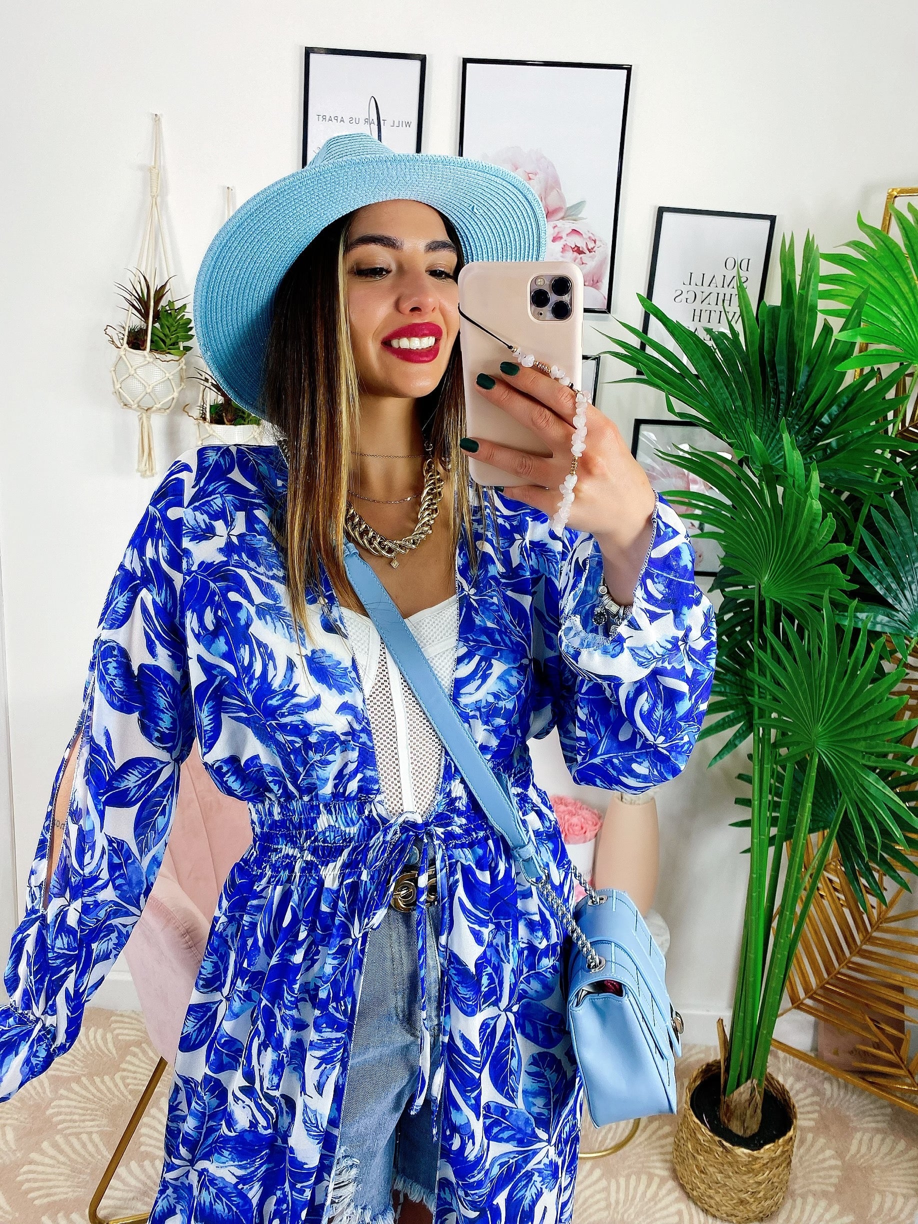Kimono base floreale Blu