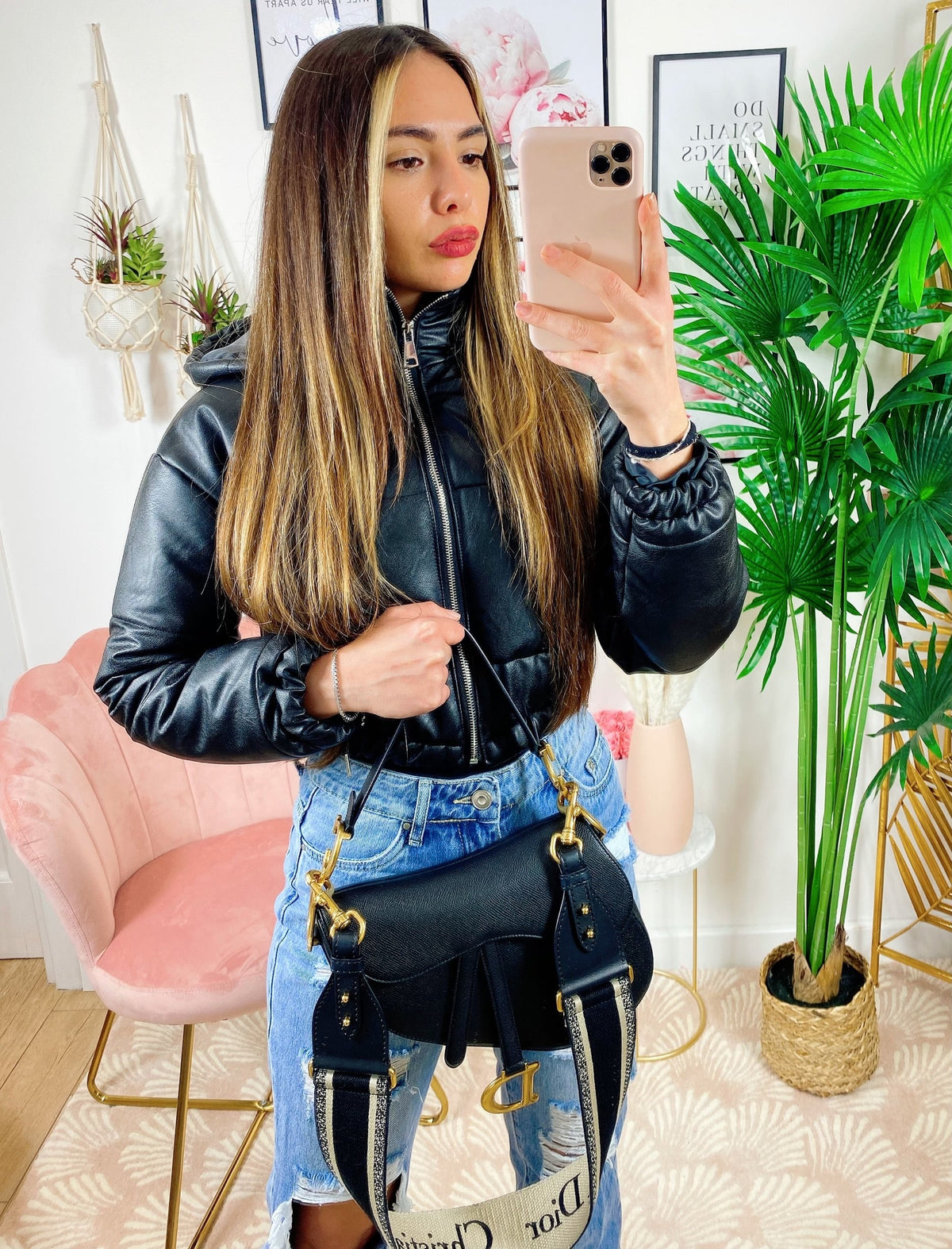 Bomber crop in ecopelle Nero