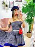 Abito con Gonna asimmetrica blu fiorellini bianchi