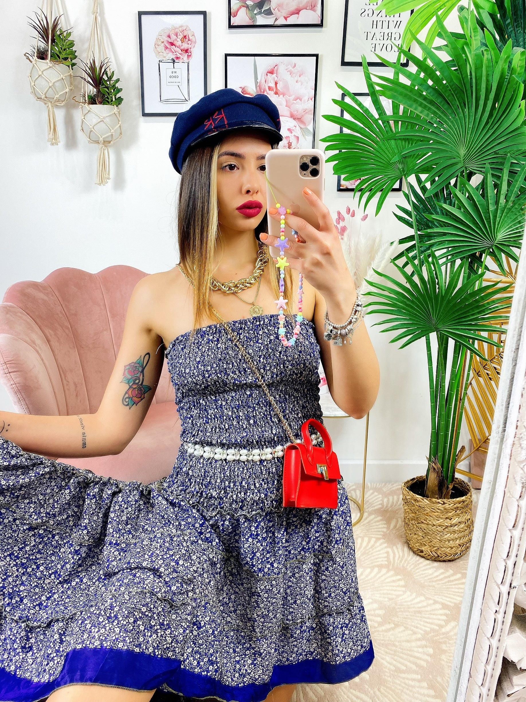 Abito con Gonna asimmetrica blu fiorellini bianchi