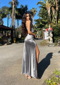 Abito in raso silver con drappeggio