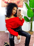 Maglione scollo a barchetta con trecce rosso