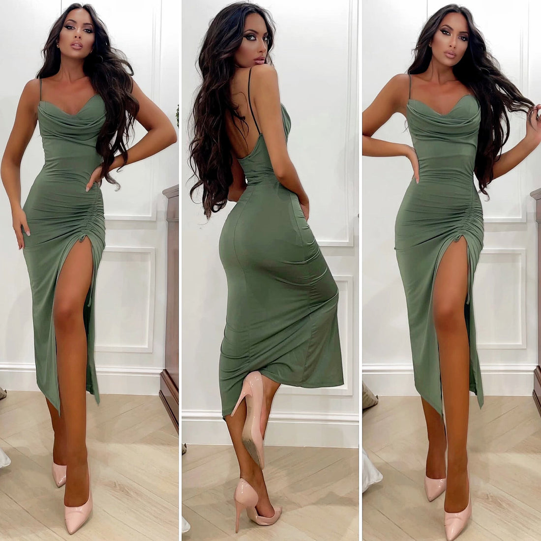 Abito aderente midi Verde Militare
