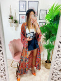Kimono in seta etnico base Rossa con fiori