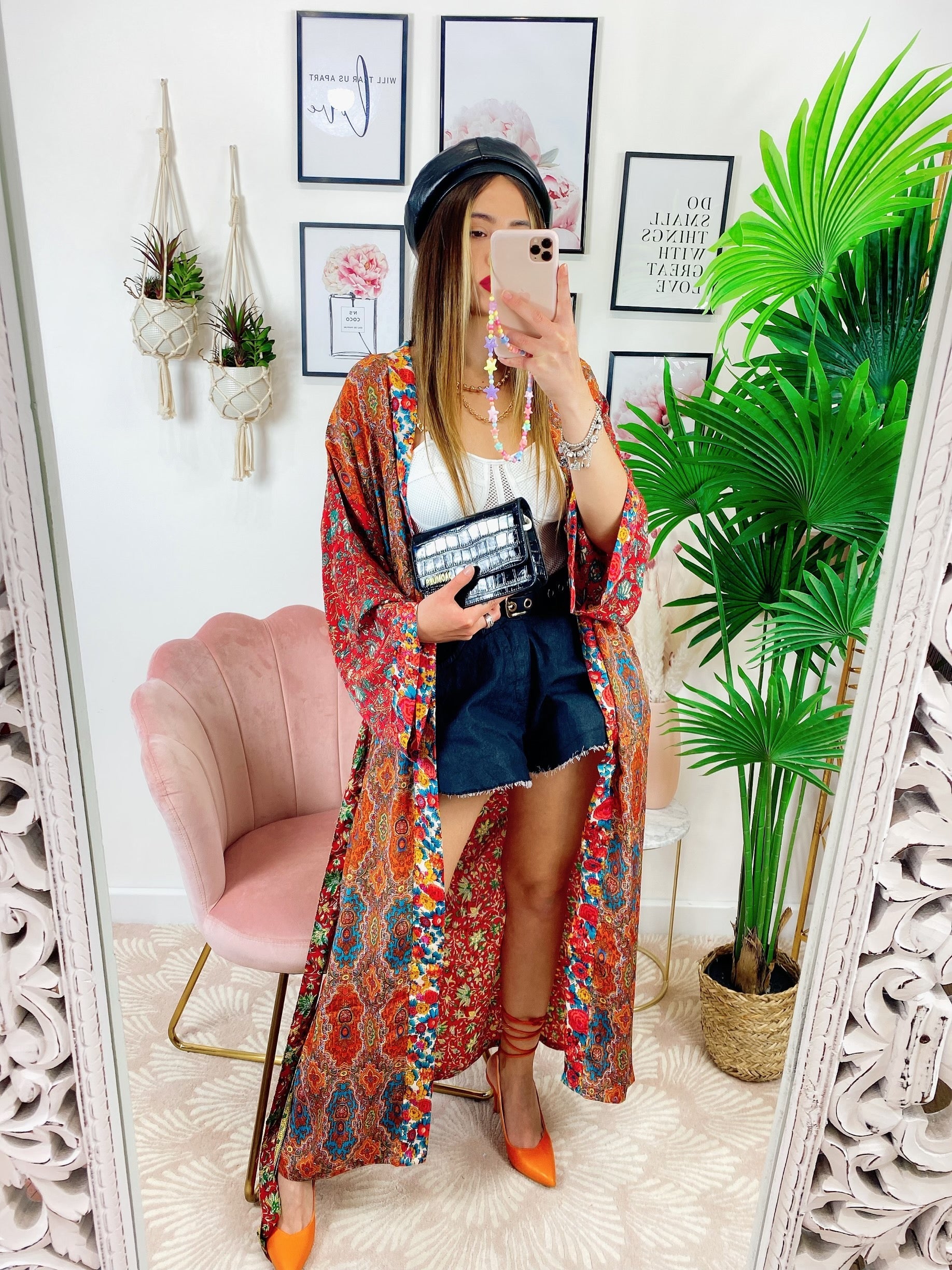 Kimono in seta etnico base Rossa con fiori