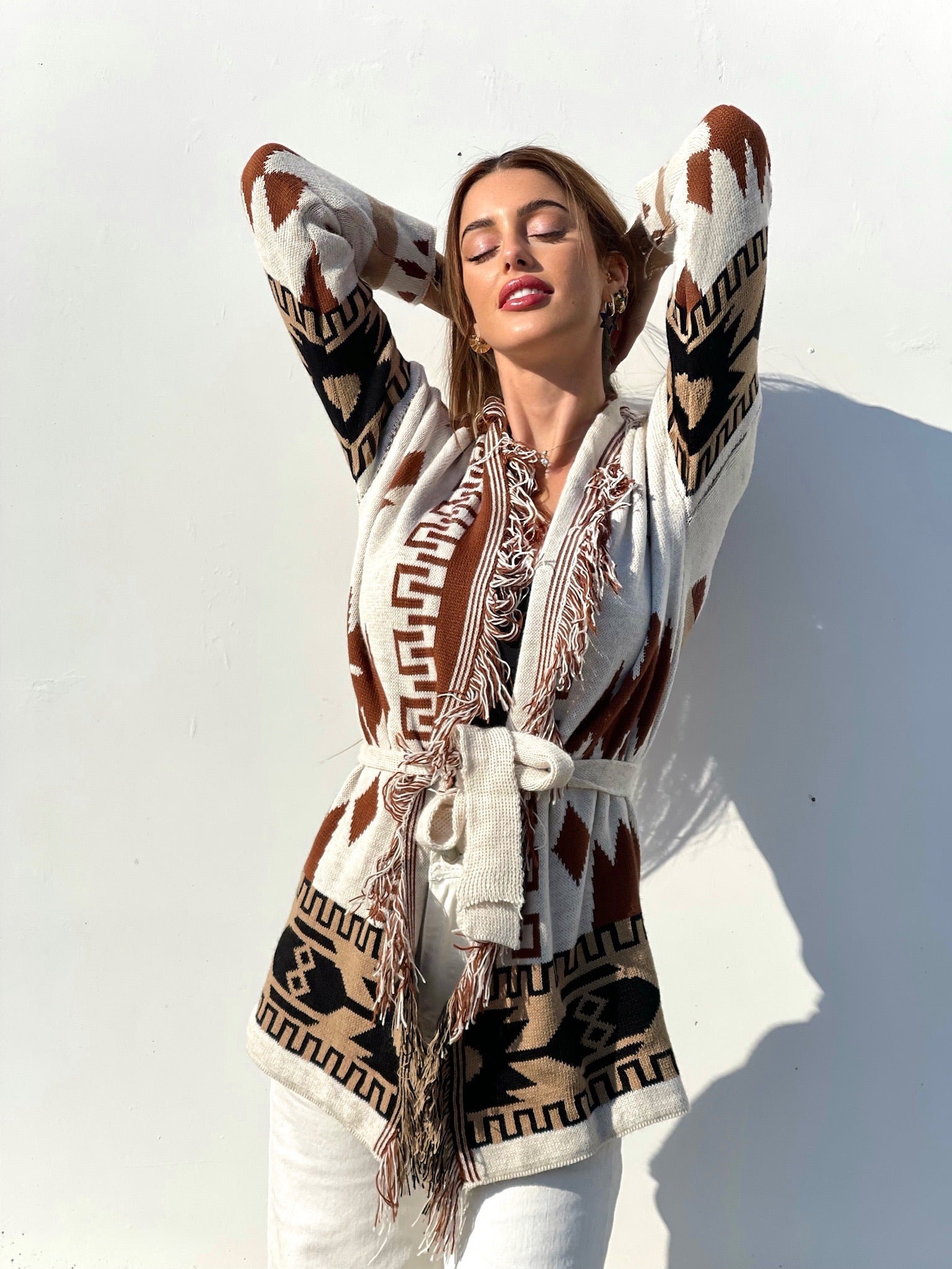 Cardigan Camel/Black con frange e cinta
