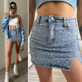 Gonna in jeans con strass e perle