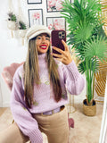 Maglione collo alto con rose lilla