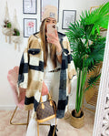 Giacca a quadri Beige nero lunga con frange