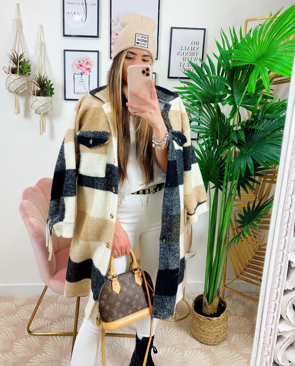 Giacca a quadri Beige nero lunga con frange