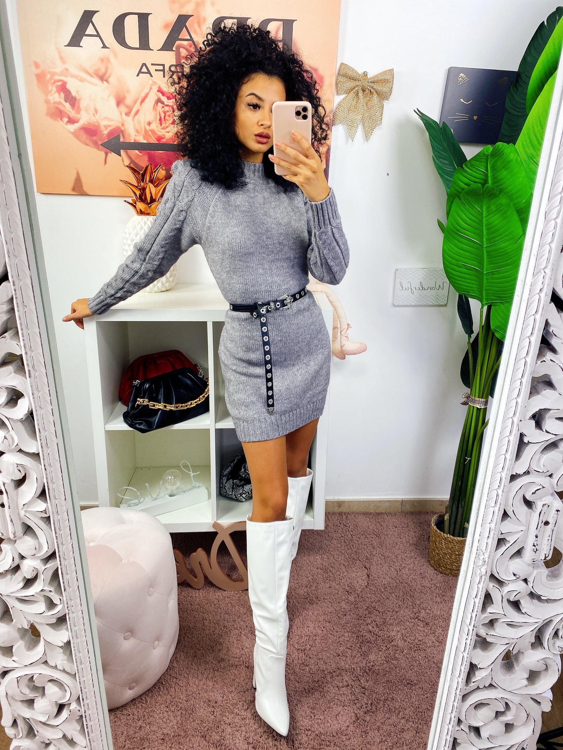 Abito in maglia con trecce e spalline Grigio