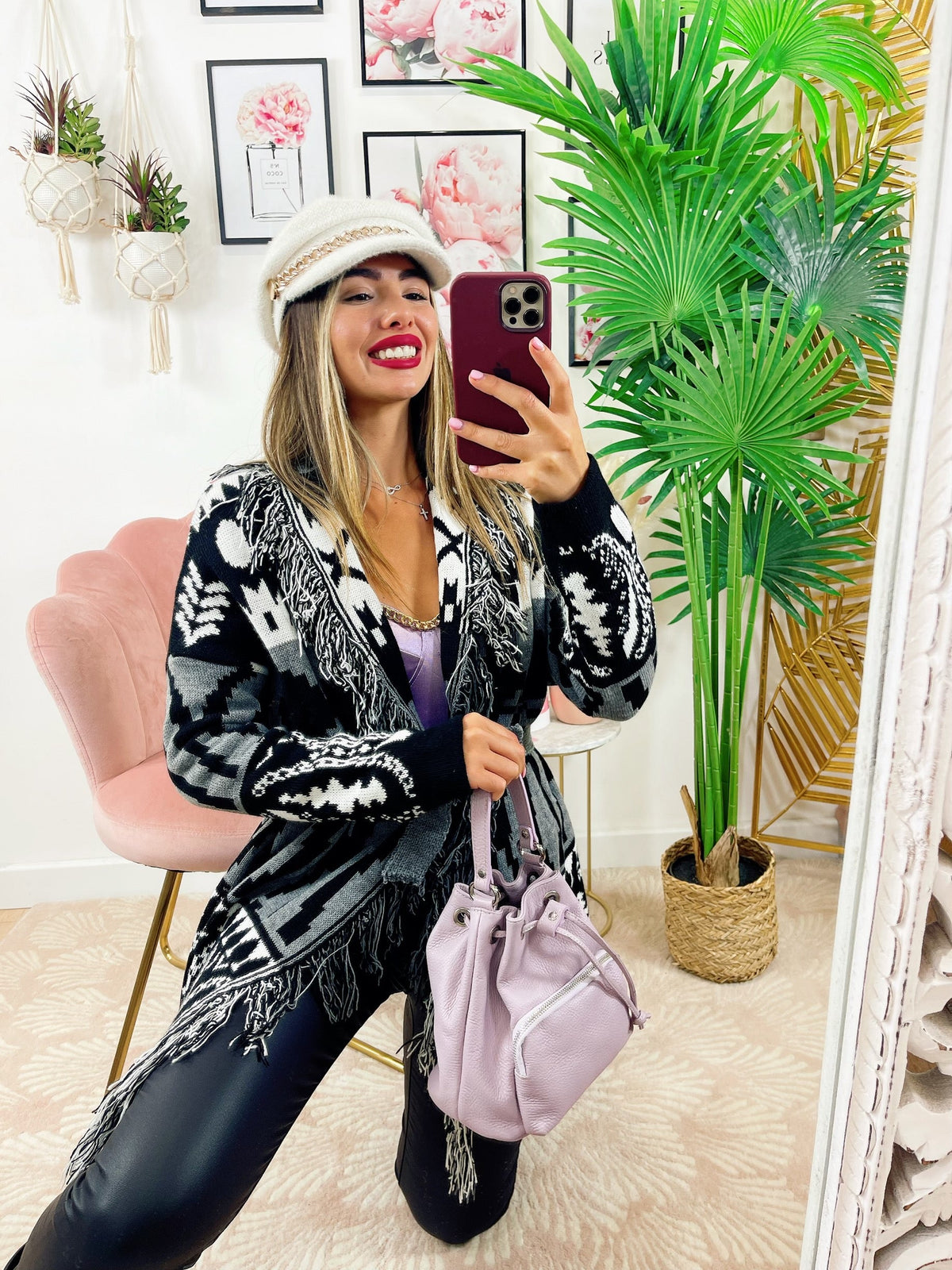 Cardigan con frange e cinta dettaglio Grigio nero