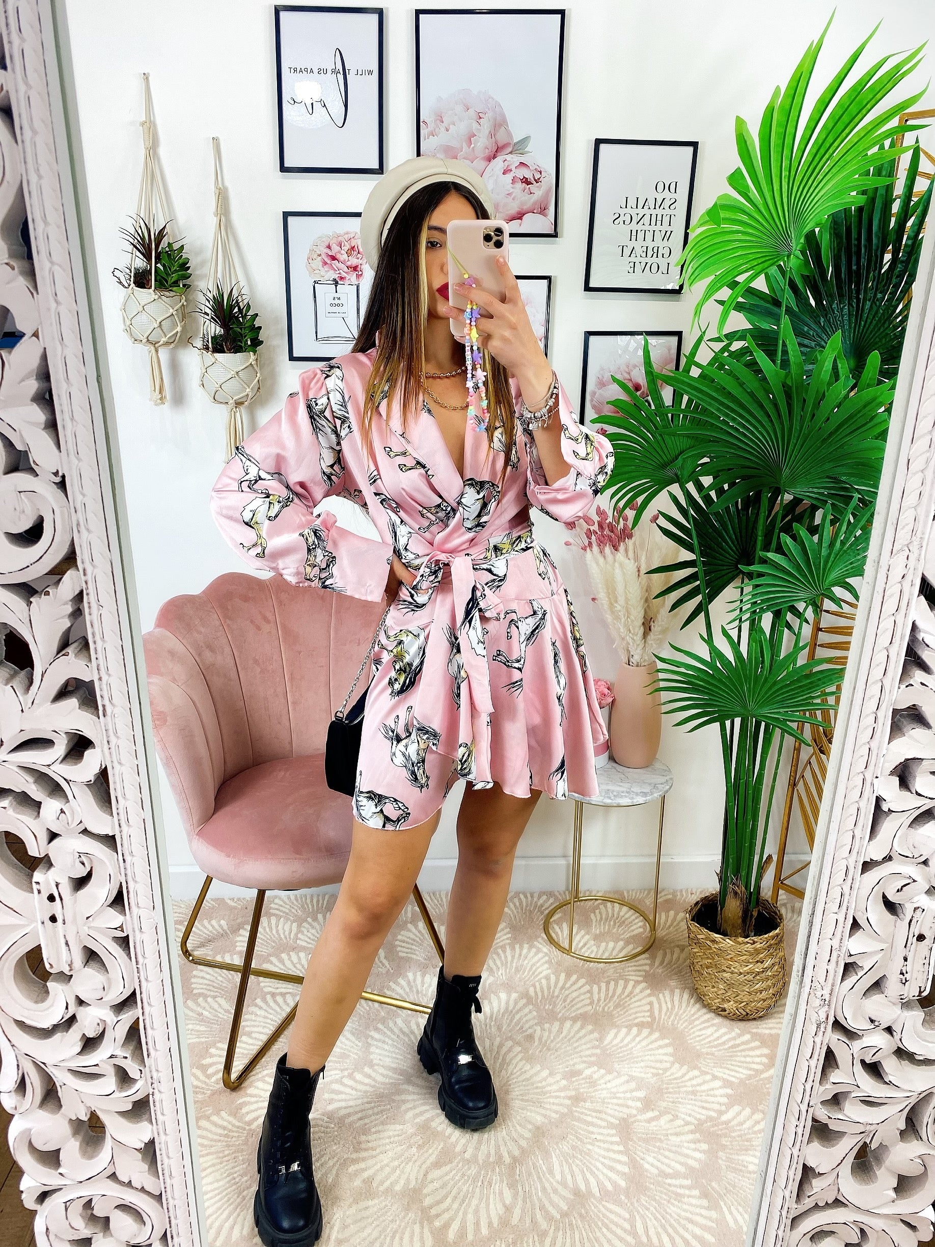 Kimono ad abito stampa cavallo Rosa