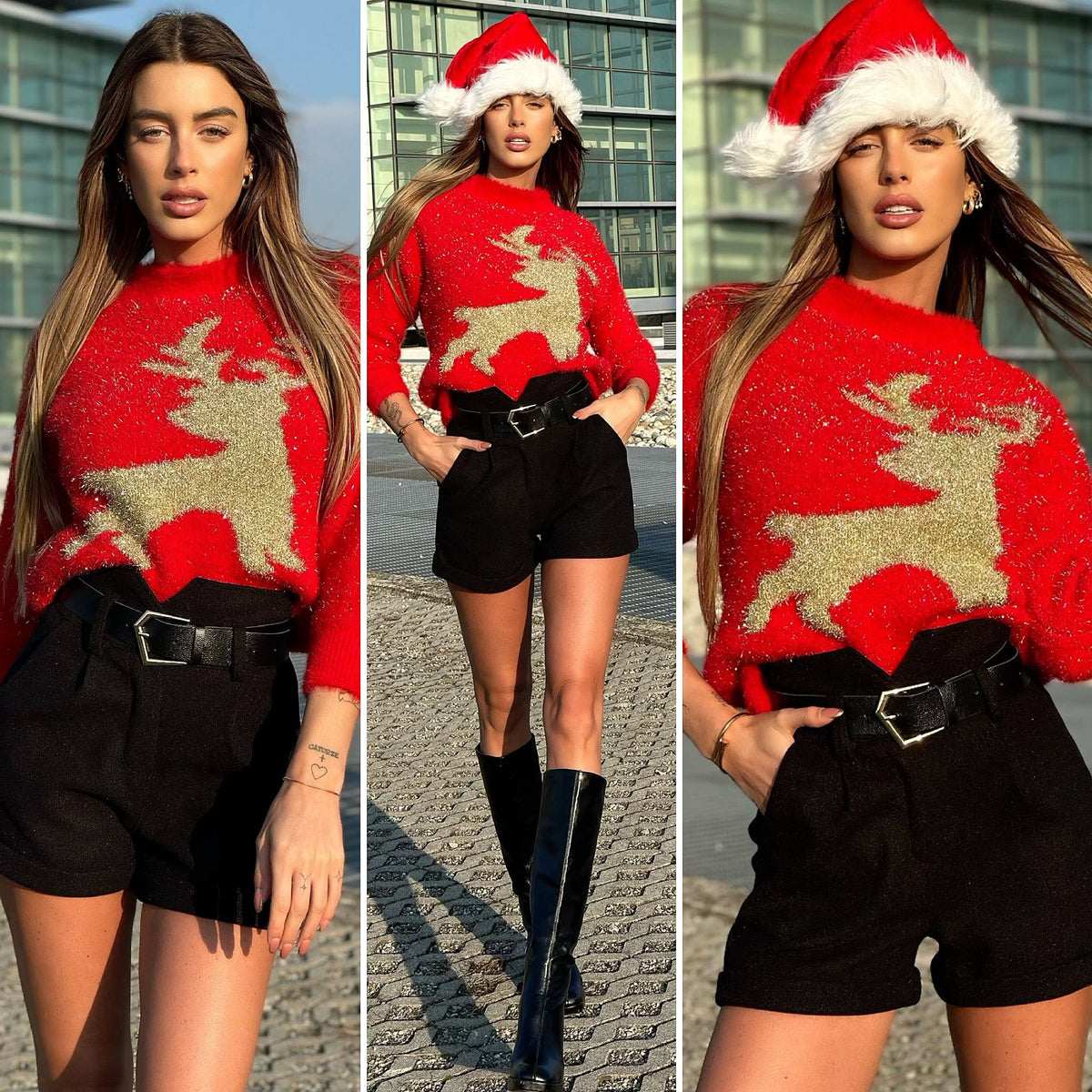 Maglione con renna Rosso