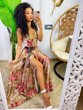 Abito in raso floreale con maxi spacco nude