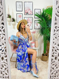 Abito maxi spacco fantasia blu