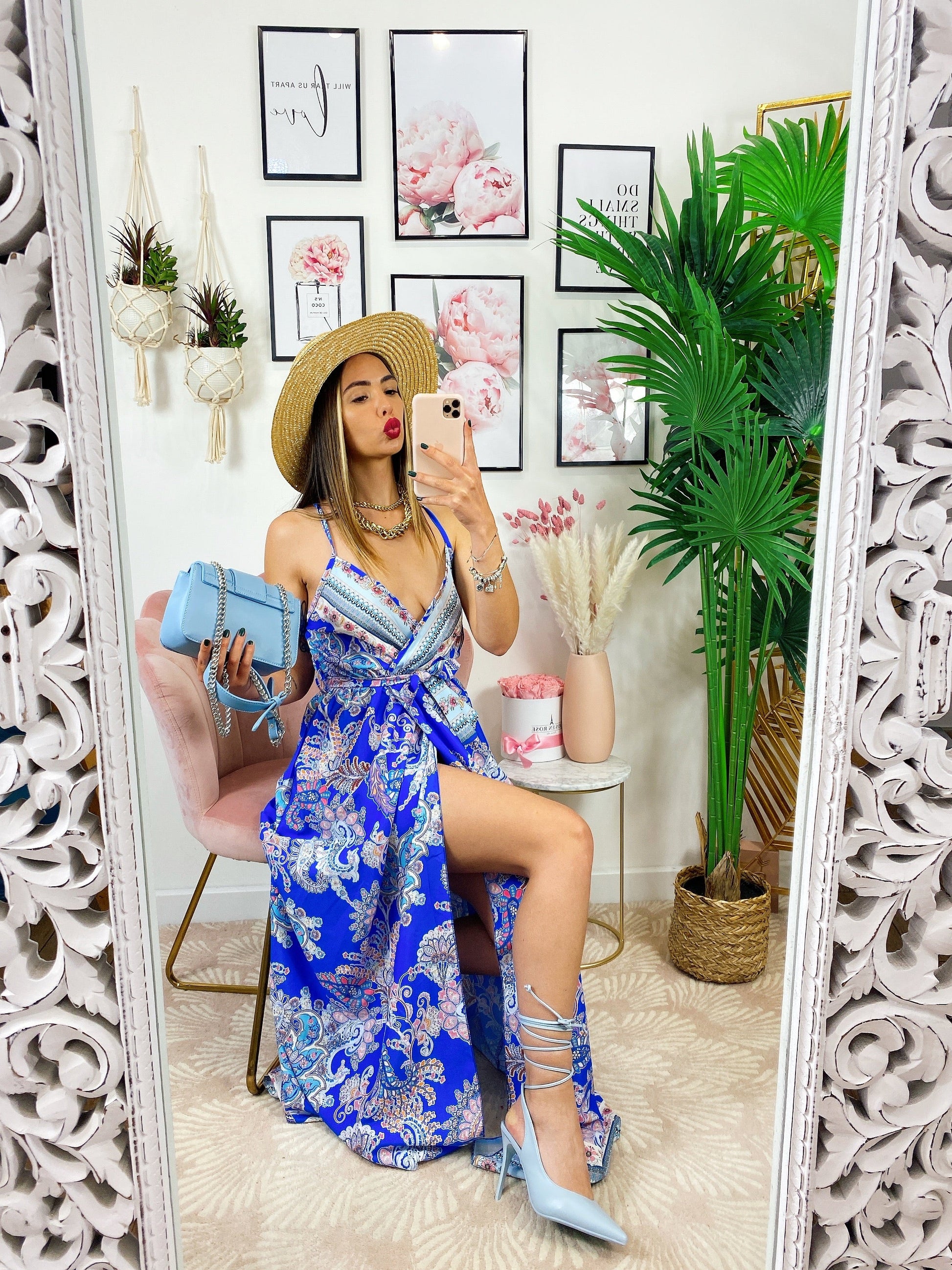 Abito maxi spacco fantasia blu