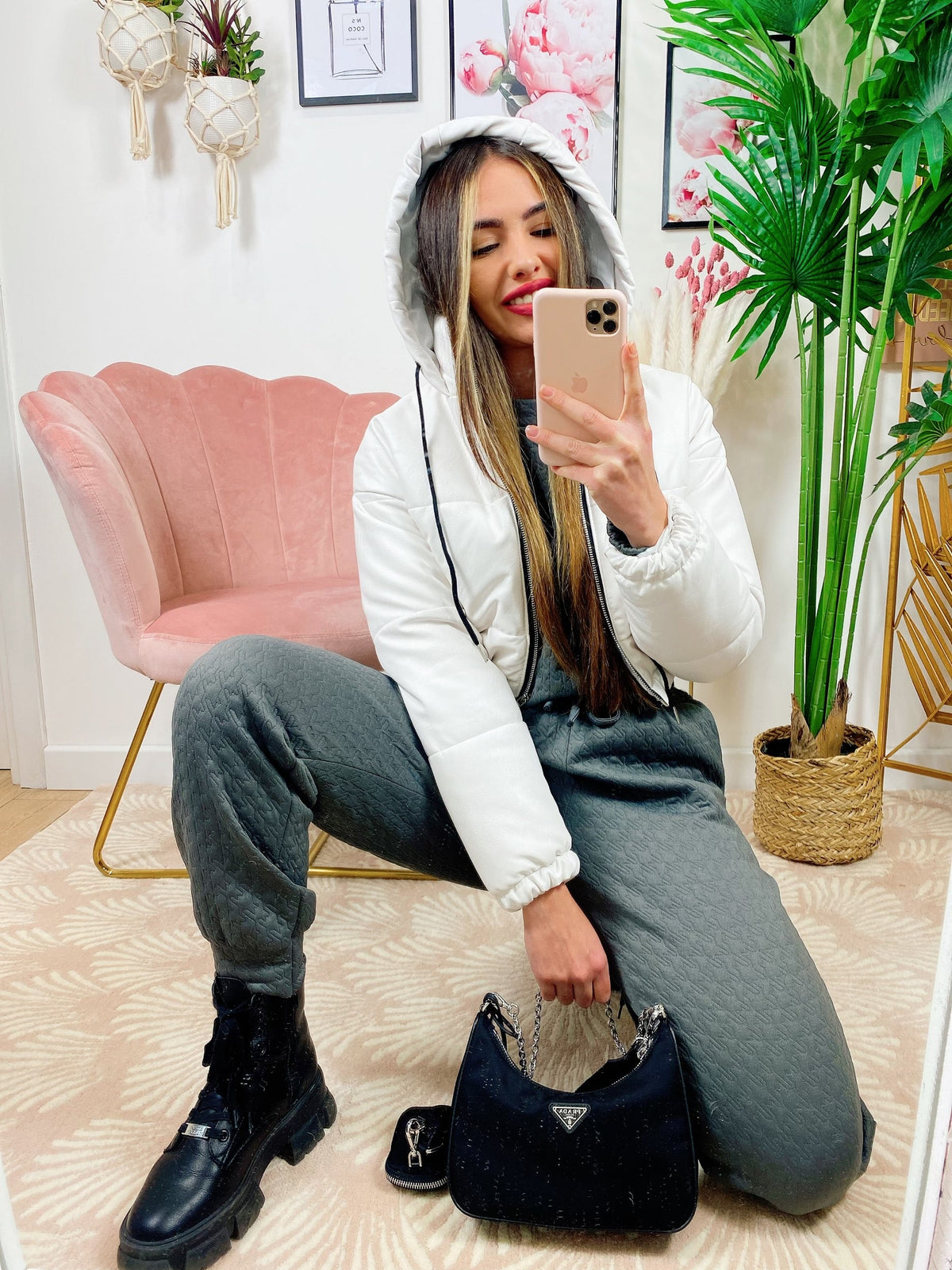Bomber crop in ecopelle Bianco