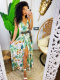 Abito in raso floreale con maxi spacco bianco