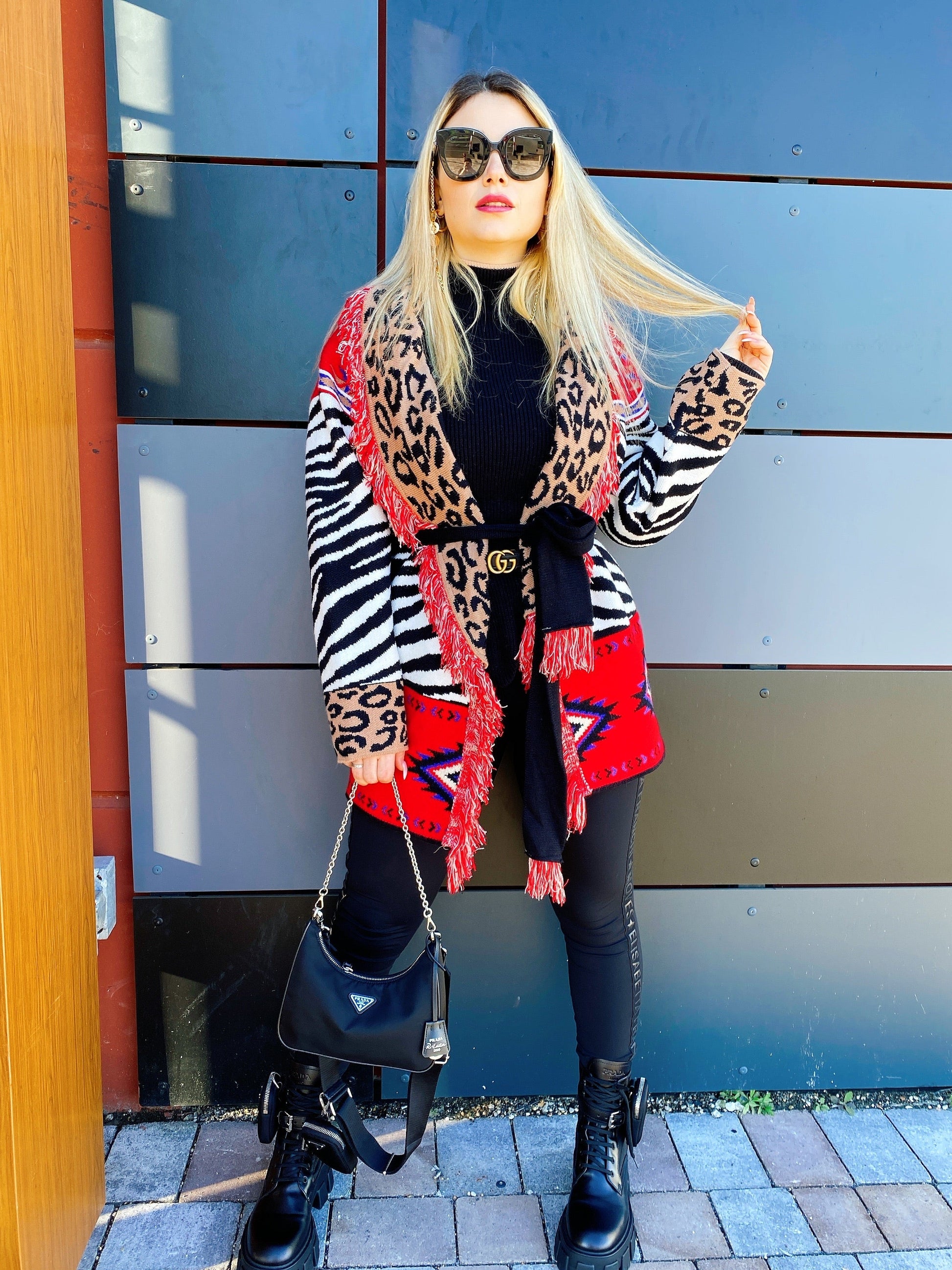 Cardigan frange e cinta rosso maculato