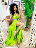 Abito in raso con maxi spacco verde acido