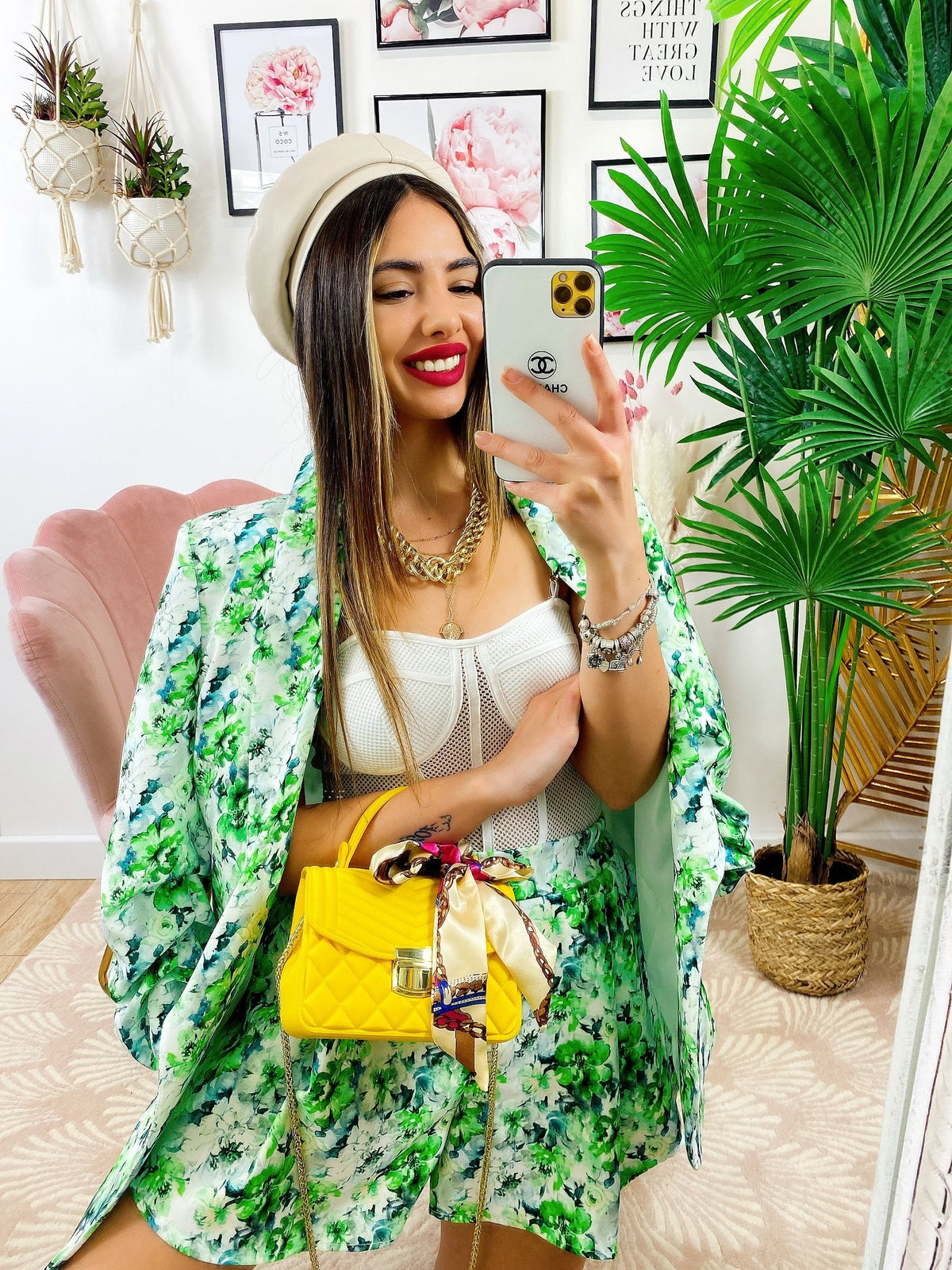 Completo Giacca e Short fiori verdi