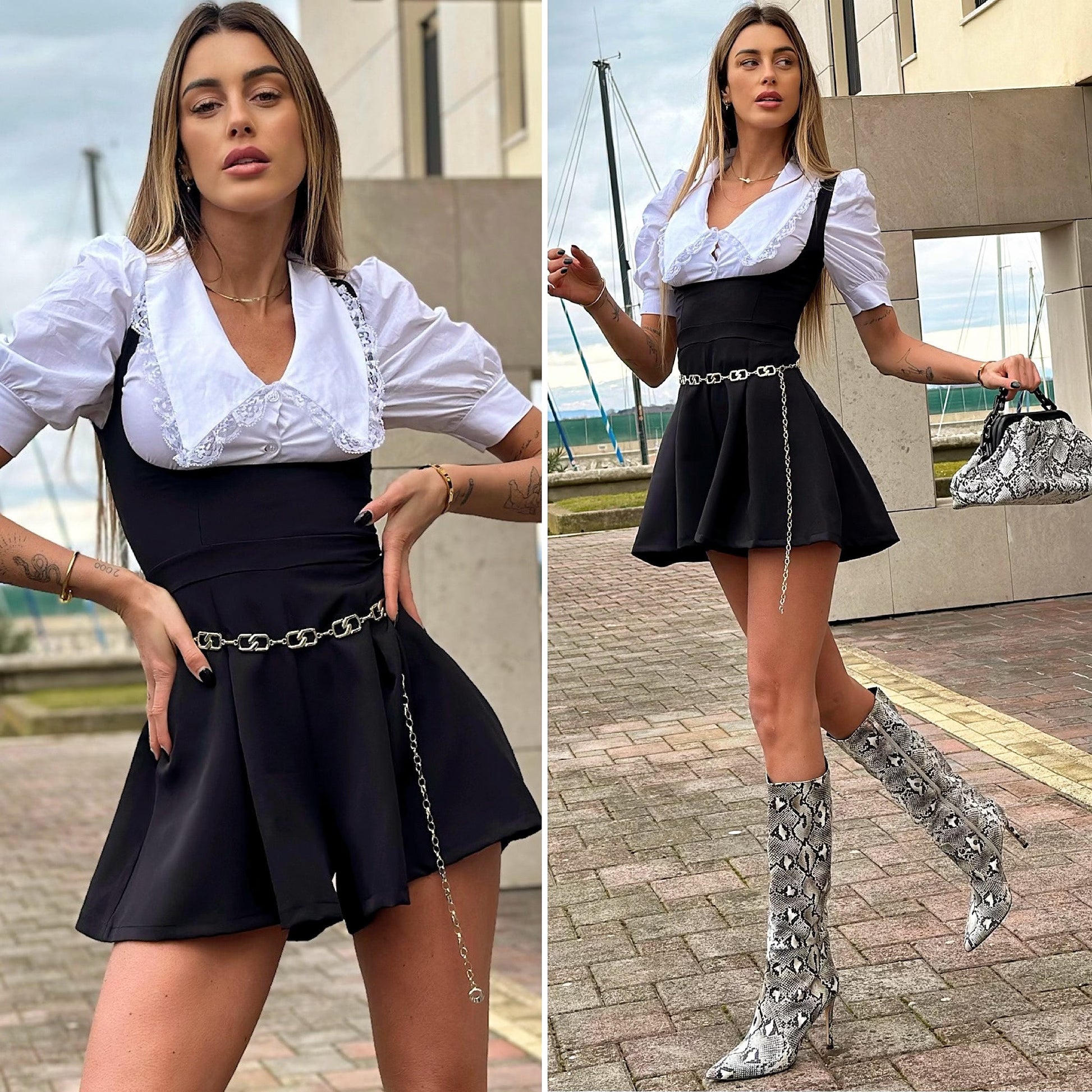 Salopette nera più camicia fiocchetto