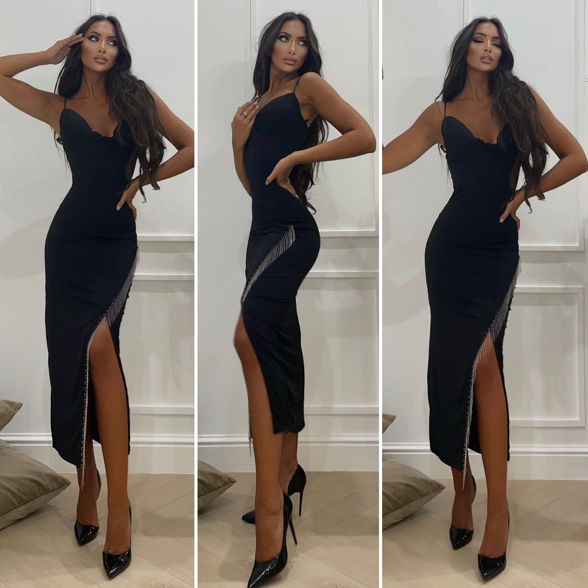 Abito aderente midi con frange nero
