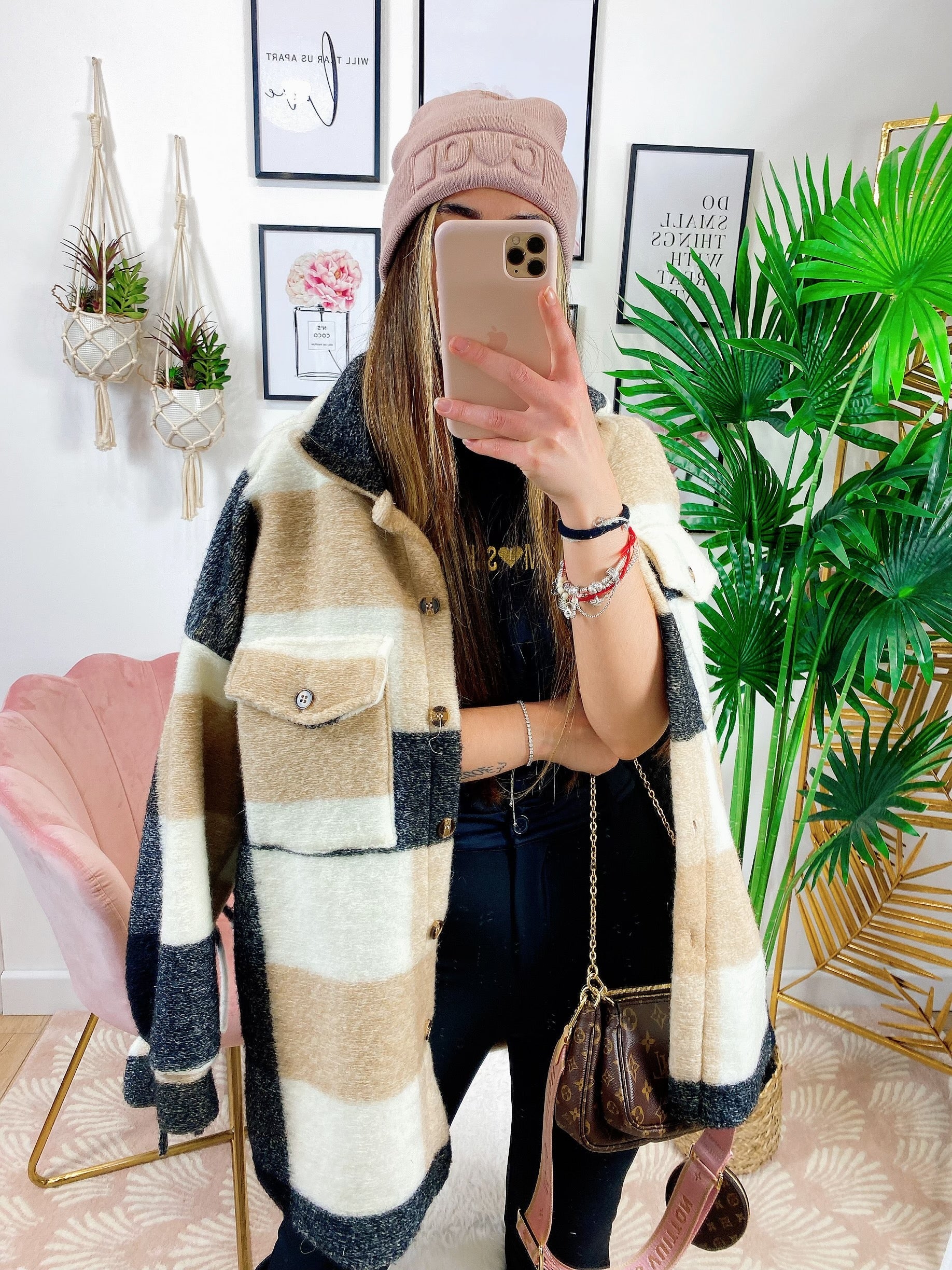 Giacca a quadri Beige con frange