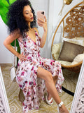 Abito con gonna asimmetrica e fiorellini rosa