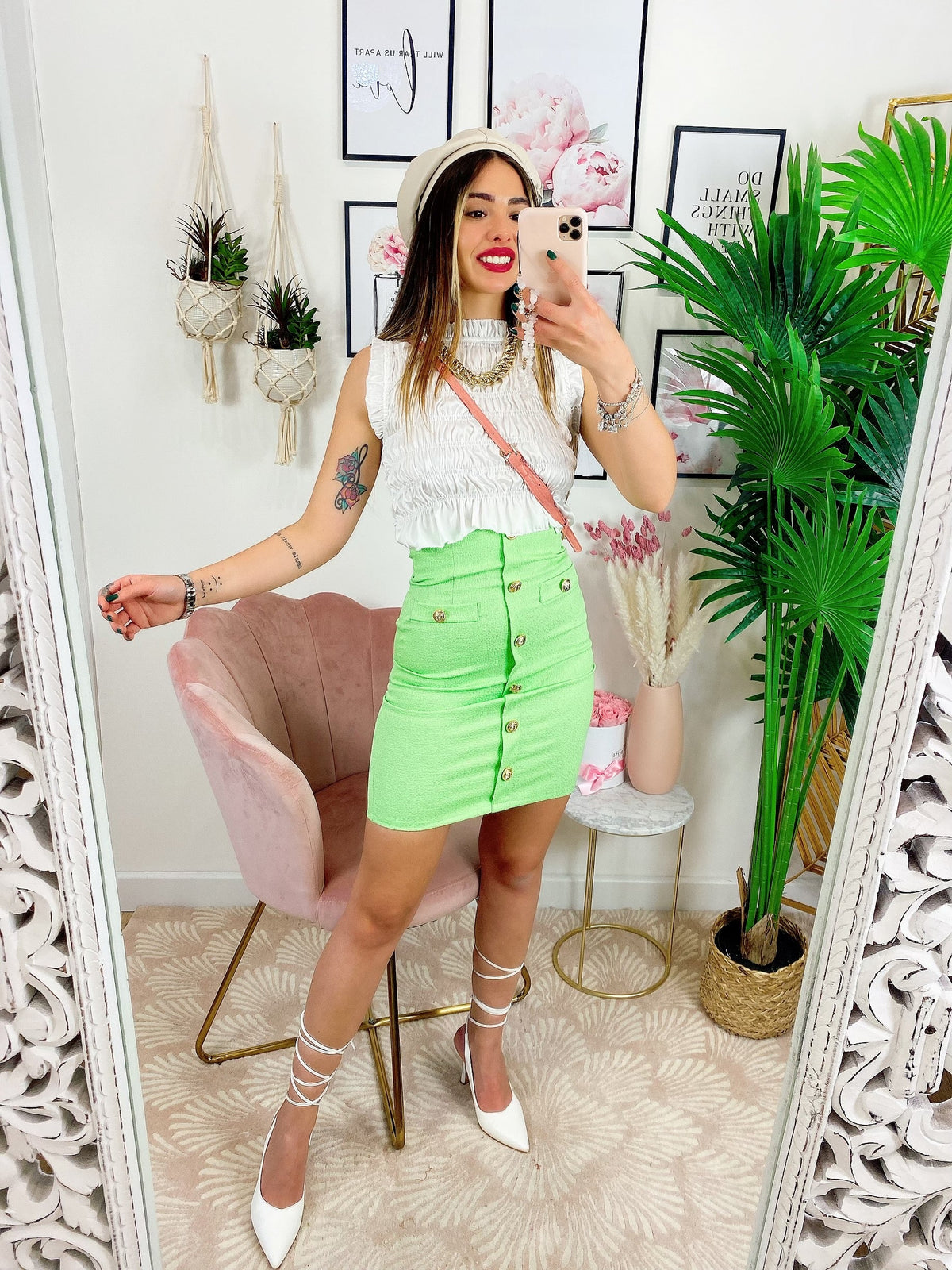 Gonna midi con bottoni menta