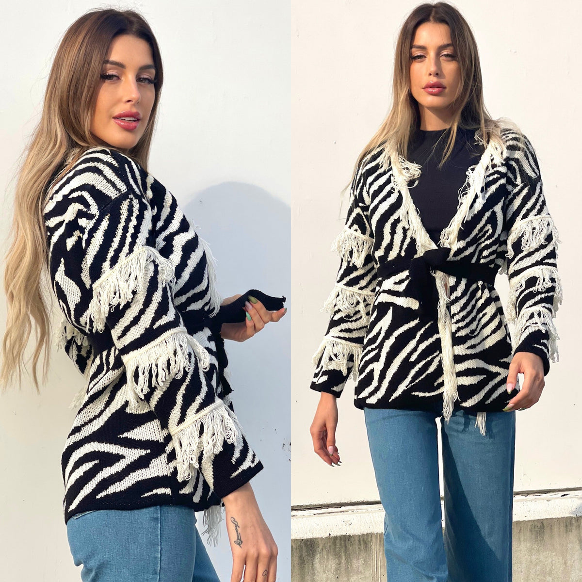 Cardigan zebrato nero con frange e cinta