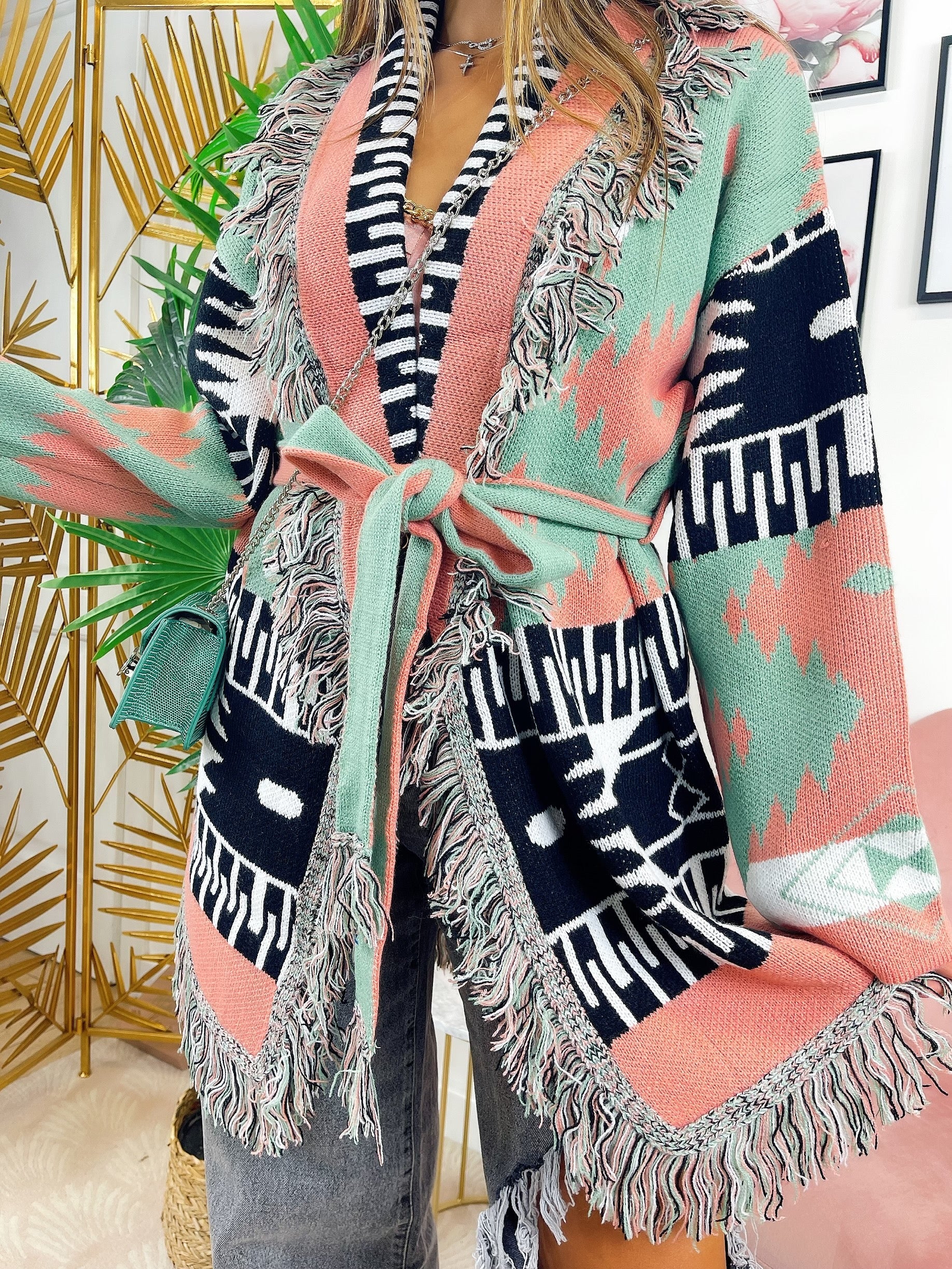 Cardigan con frange menta
